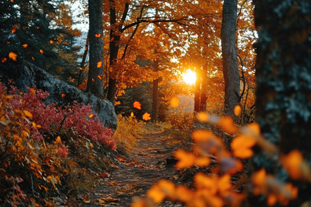 path in the forest during autumn at colorful sunsetの素材