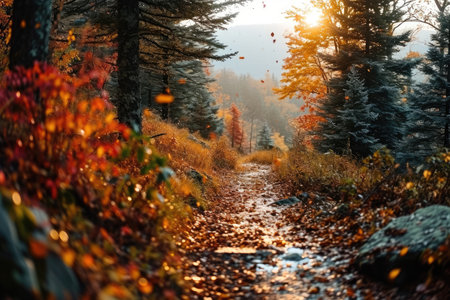 path in the forest during autumn at colorful sunset professional photographyの素材