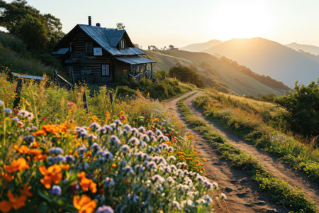 beautiful old village on a mountain with flowers field background professional photographyの素材