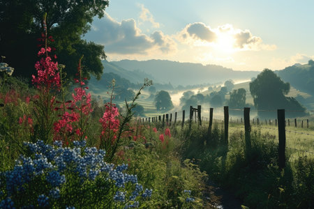 beautiful old village on a mountain with flowers field background professional photographyの素材