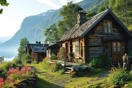 beautiful old village on a mountain with flowers field background professional photographyの素材