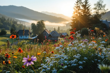 beautiful old village on a mountain with flowers field background professional photographyの素材