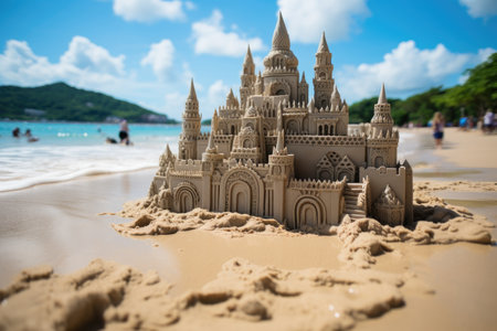 Sand castle on the beach with blue sky professional photographyの素材