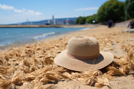 Straw hat on the sand beach professional photographyの素材
