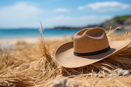 Straw hat on the sand beach professional photographyの素材
