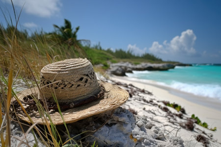 Straw hat on the sand beach professional photographyの素材