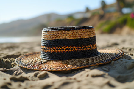 Straw hat on the sand beach professional photographyの素材