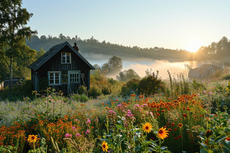 beautiful old village on a mountain with flowers field background professional photographyの素材