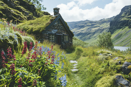 beautiful old village on a mountain with flowers field background professional photographyの素材