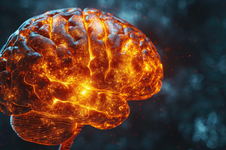 3d illustration of human brain over dark background with glowing light effectsの素材