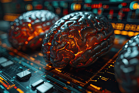 3d illustration of human brain in front of a computer circuit boardの素材