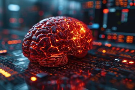 3d illustration of human brain with glowing circuit board and computer backgroundの素材