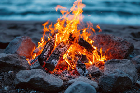 campfire crackling on sandy beach professional photographyの素材