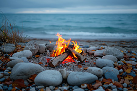 campfire crackling on sandy beach professional photographyの素材