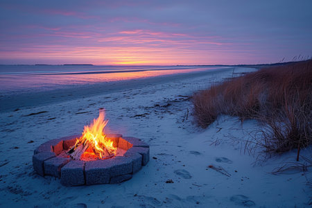 campfire crackling on sandy beach professional photographyの素材