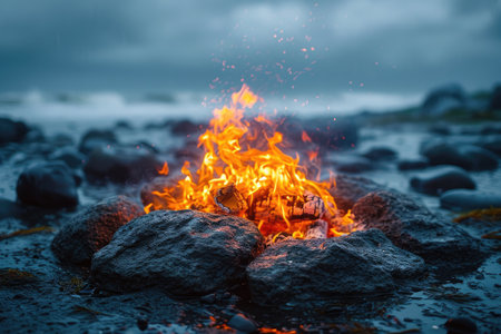 campfire crackling on sandy beach professional photographyの素材