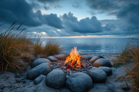 campfire crackling on sandy beach professional photographyの素材