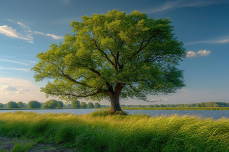 There is a tree in the field grass swaying in the wind professional photographyの素材