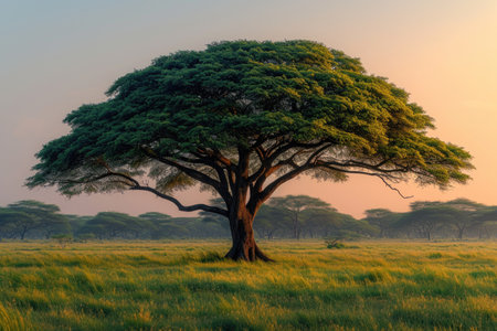 There is a tree in the field grass swaying in the wind professional photographyの素材