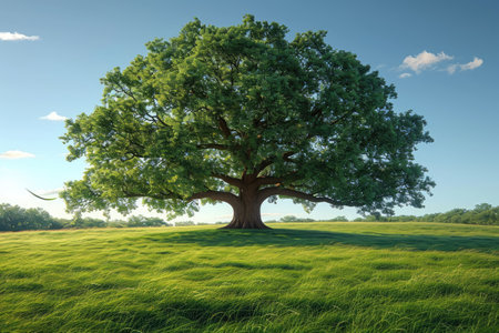There is a tree in the field grass swaying in the wind professional photographyの素材