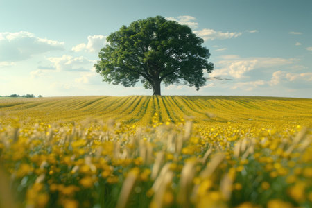 There is a tree in the field grass swaying in the wind professional photographyの素材