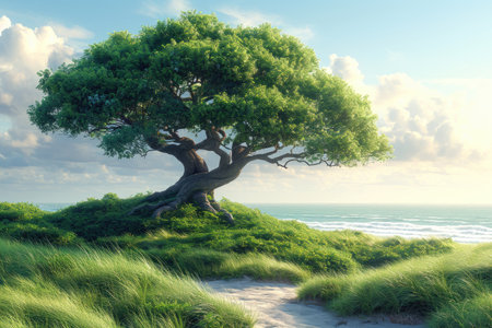 There is a tree in the field grass swaying in the wind professional photographyの素材