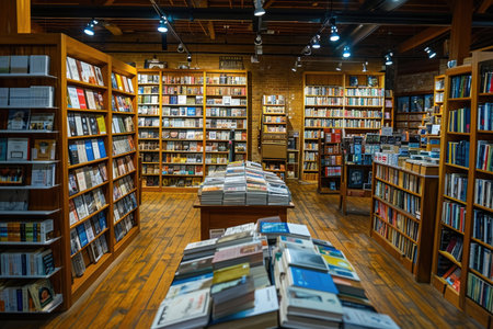 the bookstore with bookshelf full of books professional photographyの素材