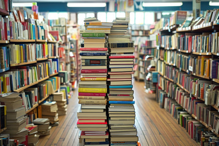 the bookstore with bookshelf full of books professional photographyの素材