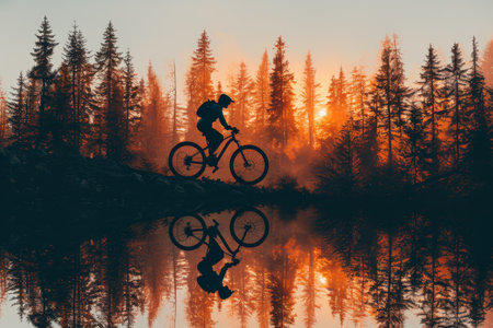 biker on downhill bicycle jumps in the air professional photographyの素材
