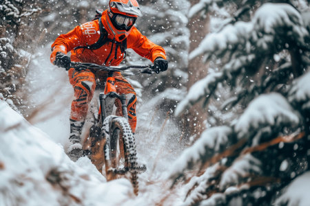 biker on downhill bicycle jumps in the air professional photographyの素材