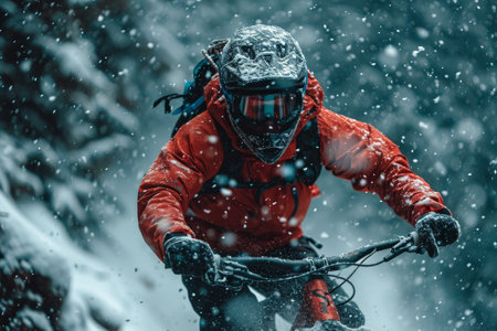 biker on downhill bicycle jumps in the air professional photographyの素材