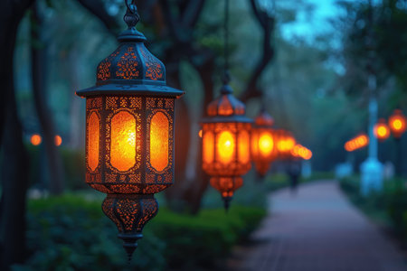 Arabic hanging lanterns at the dark night thick with Muslim atmosphere professional photographyの素材