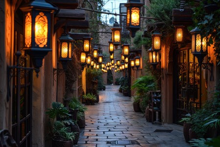 Arabic hanging lanterns at the dark night thick with Muslim atmosphere professional photographyの素材