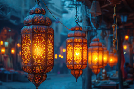 Arabic hanging lanterns at the dark night thick with Muslim atmosphere professional photographyの素材