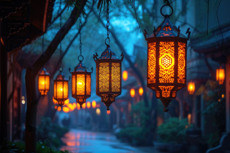 Arabic hanging lanterns at the dark night thick with moslem atmosphere professional photographyの素材