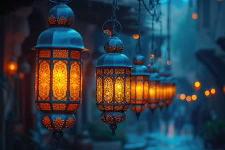Arabic hanging lanterns at the dark night thick with moslem atmosphere professional photographyの素材