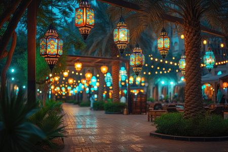 Arabic hanging lanterns at the dark night thick with moslem atmosphere professional photographyの素材