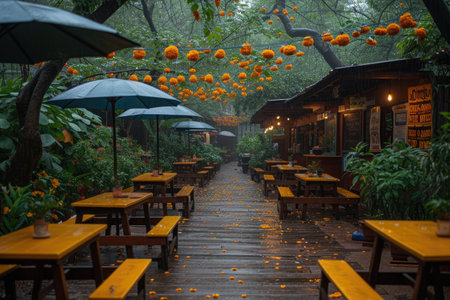 outdoor cafe Sunshade umbrellas style professional photographyの素材