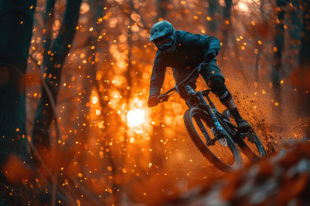 biker mountain bike jumps in the air professional photographyの素材