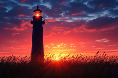 sunset view with side of lighthouse looking out at sea professional photographyの素材