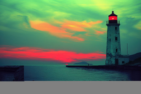 sunset view with side of lighthouse looking out at sea professional photographyの素材