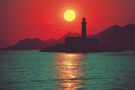 sunset view with side of lighthouse looking out at sea professional photographyの素材