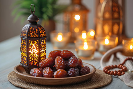 dates fruit in plate with decorative Holy month of Ramadan concept professional photographyの素材