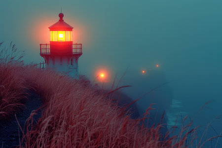 sunset view with side of lighthouse looking out at sea professional photographyの素材