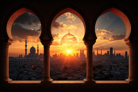 islamic greeting card for Ramadan kareem or ied mubarak backgroundの素材