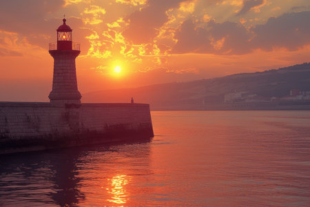 sunset view with side of lighthouse looking out at sea professional photographyの素材