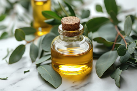 eucalyptus oil extract with isolated table professional photographyの素材