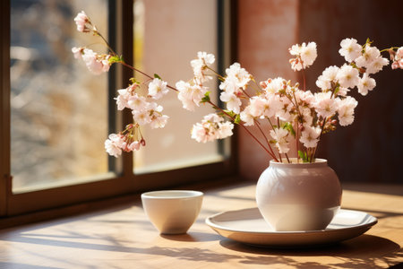 early spring sunny light in small table cosy minimalist style professional photographyの素材
