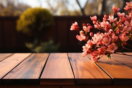 Wooden deck table on the spring background of the flowers professional photographyの素材
