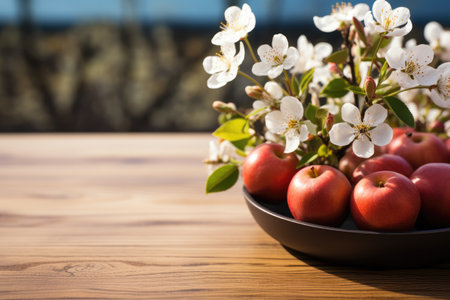 Wooden deck table on the spring background of the flowers professional photographyの素材